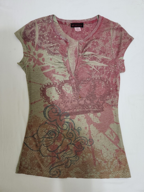 Self Esteem Tops - Self Esteem Pink and Olive Graphic Short Sleeve Henley